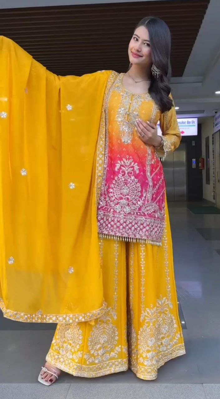Prazu Fashion Yellow Chinon Silk Embroidered Sharara Suit - Distacart
