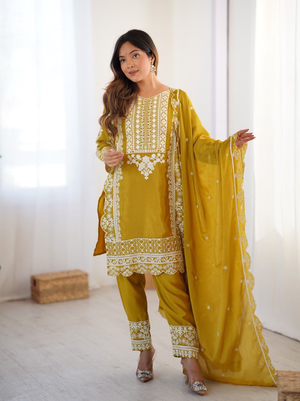 Prazu Fashion Yellow Chinon Silk Embroidered Salwar Suit - Distacart