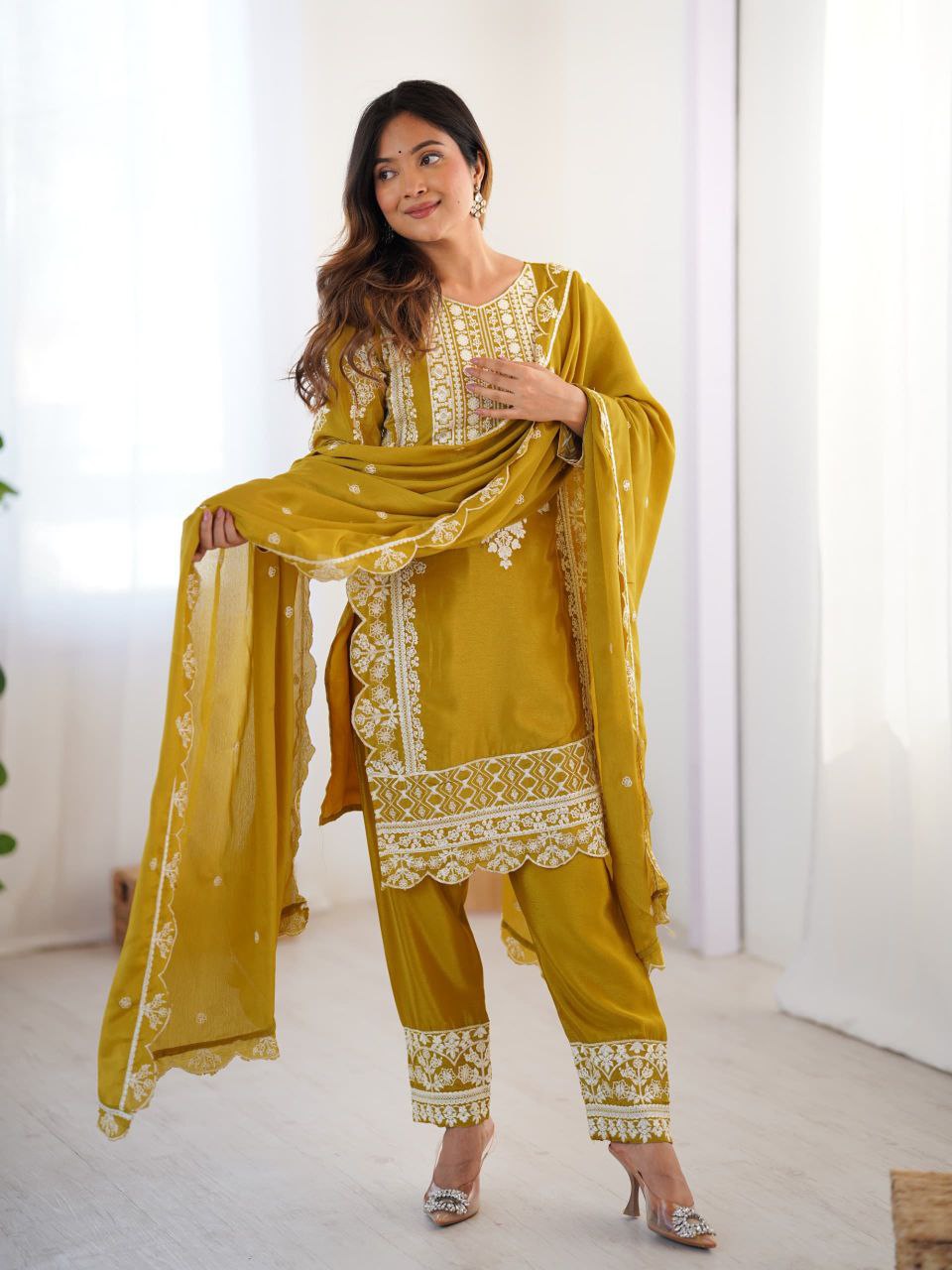 Prazu Fashion Yellow Chinon Silk Embroidered Salwar Suit - Distacart