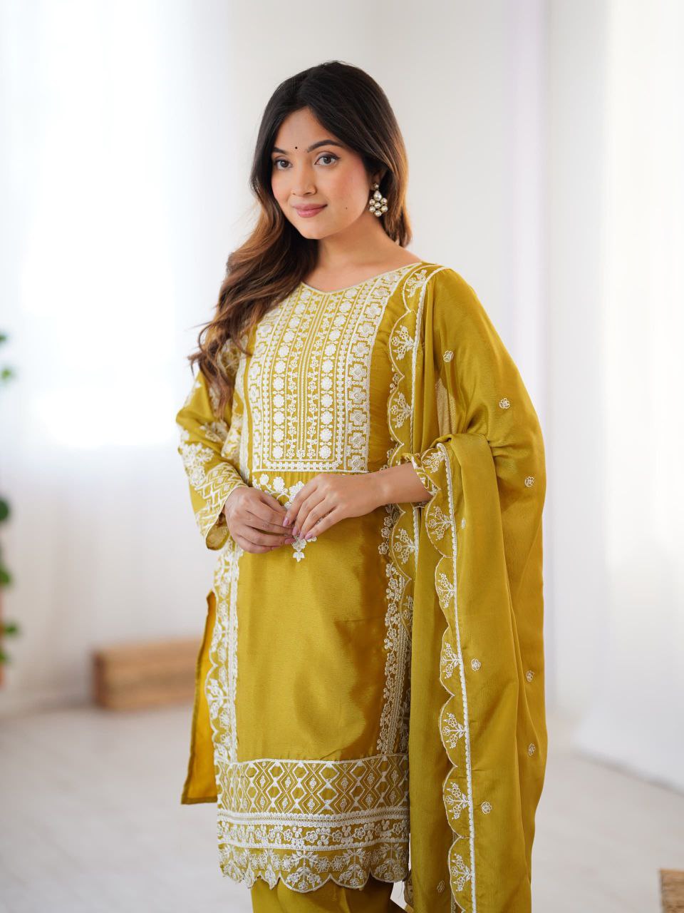 Prazu Fashion Yellow Chinon Silk Embroidered Salwar Suit - Distacart