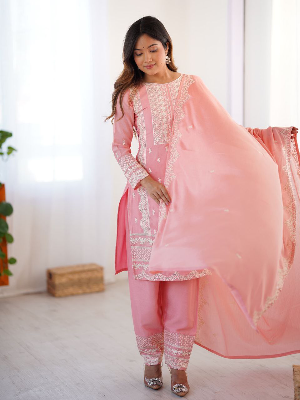 Prazu Fashion Baby Pink Chinon Silk Embroidered Salwar Suit - Distacart