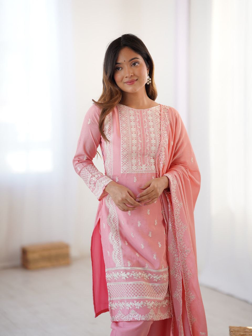 Prazu Fashion Baby Pink Chinon Silk Embroidered Salwar Suit - Distacart