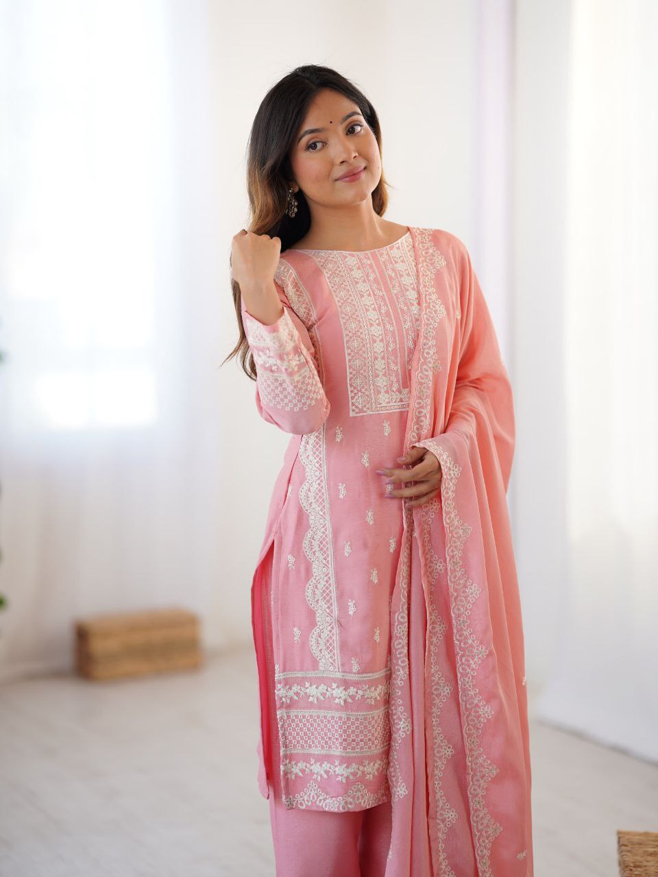 Prazu Fashion Baby Pink Chinon Silk Embroidered Salwar Suit - Distacart