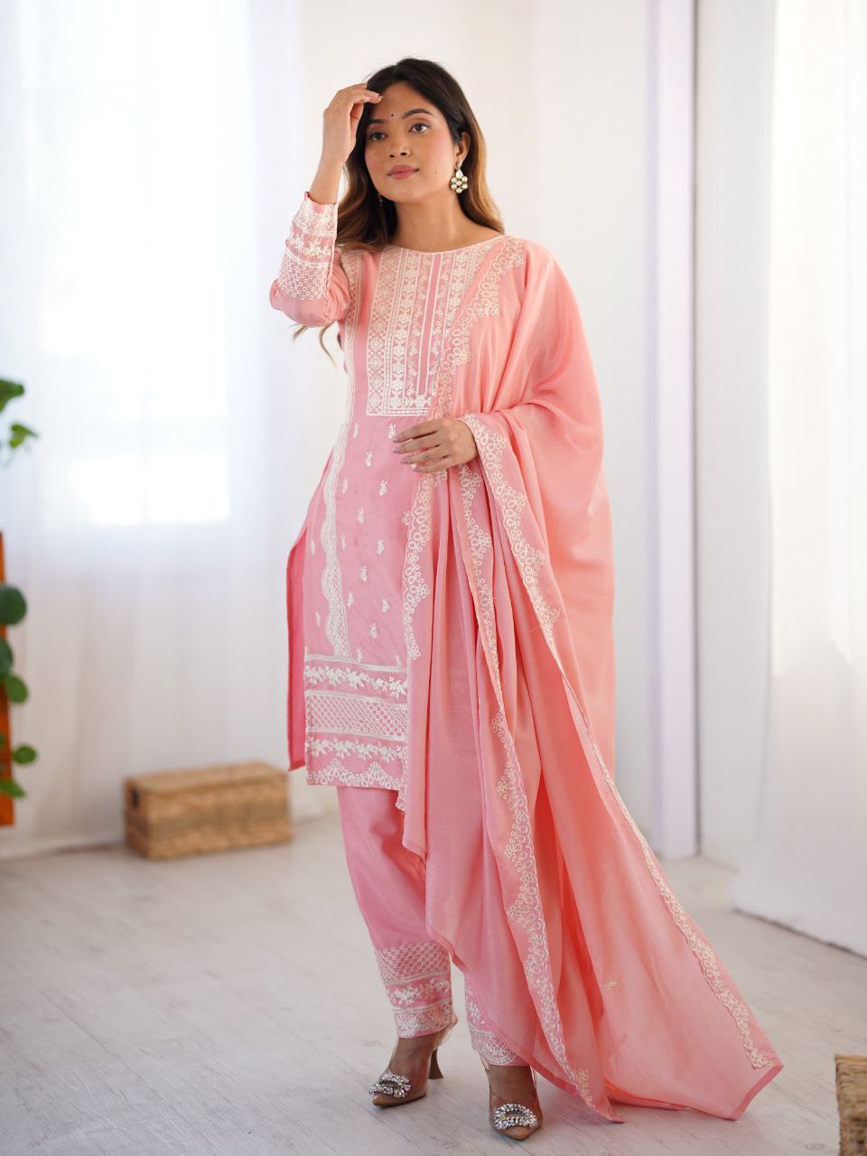 Prazu Fashion Baby Pink Chinon Silk Embroidered Salwar Suit - Distacart