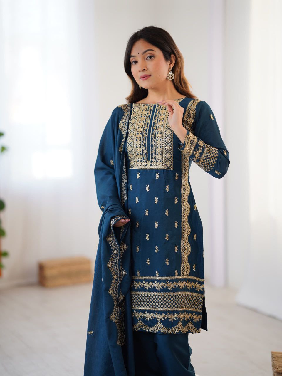 Prazu Fashion Blue Chinon Silk Embroidered Salwar Suit - Distacart