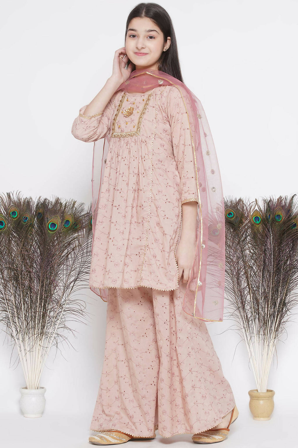 Little Bansi Floral Shiffli Kurta With Plazzo And Dupatta - Brown