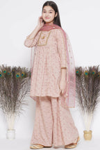 Little Bansi Floral Shiffli Kurta With Plazzo And Dupatta - Brown