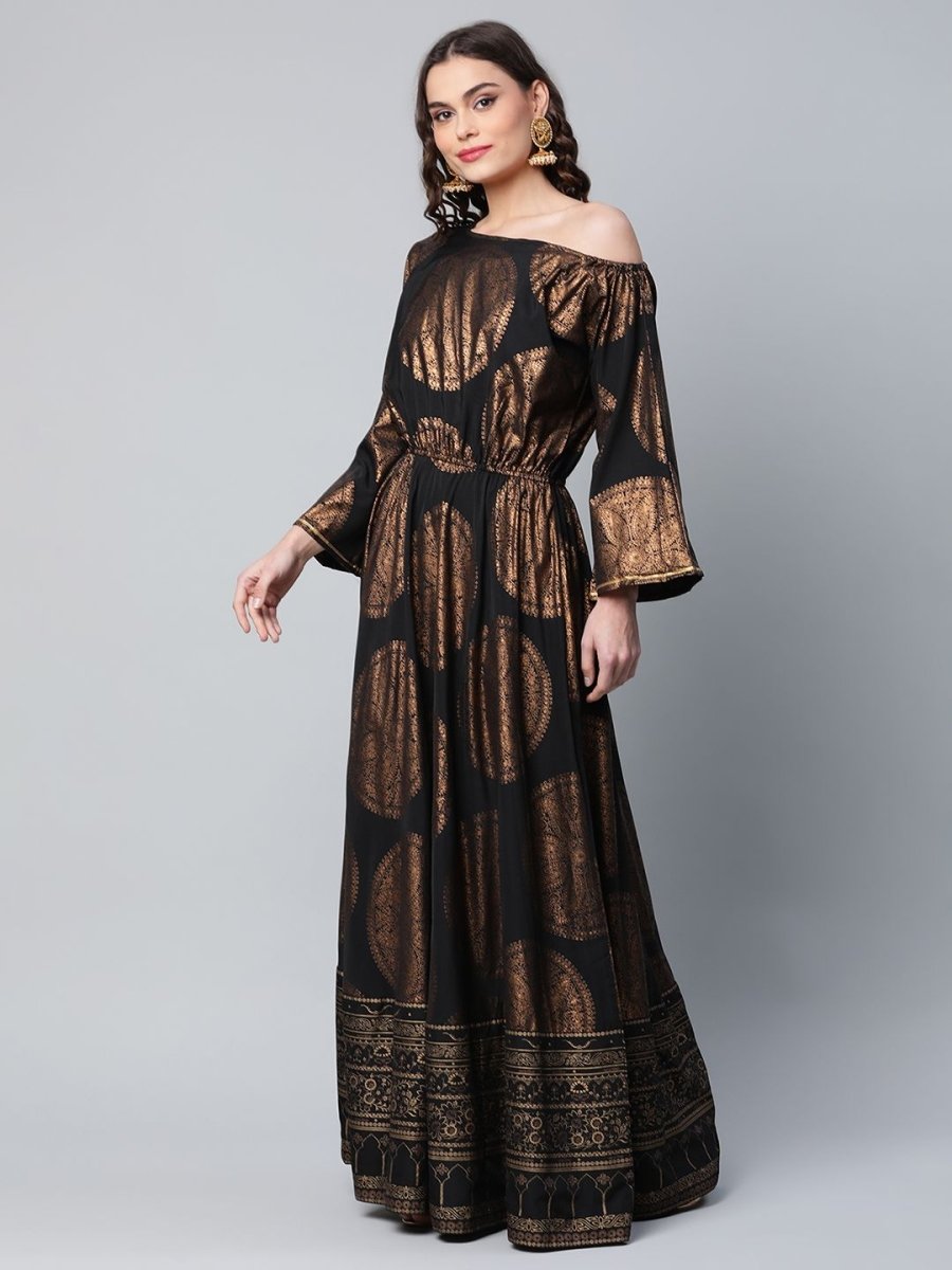 Ahalyaa Womens Black Crepe Copper Foil Printed Maxi Dress - Distacart