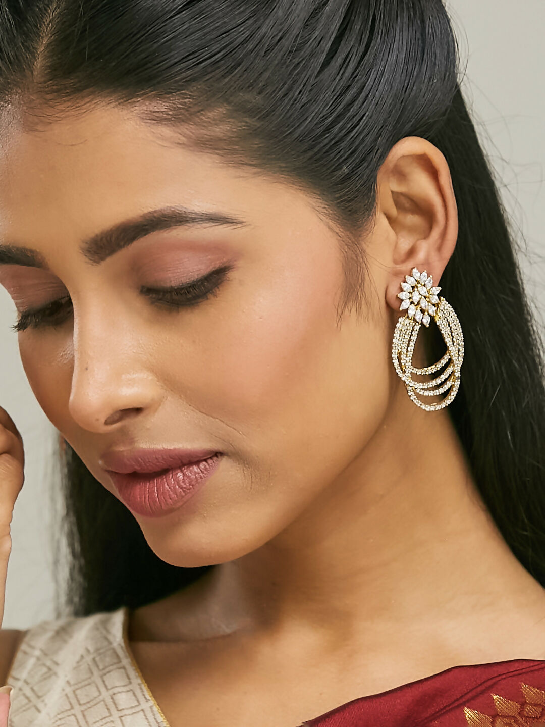 Nuyug 22K Gold-Plated Floral Motif Zircon Stone Studded Teardrop Shaped Elegant Drop Dangler Earrings - Distacart