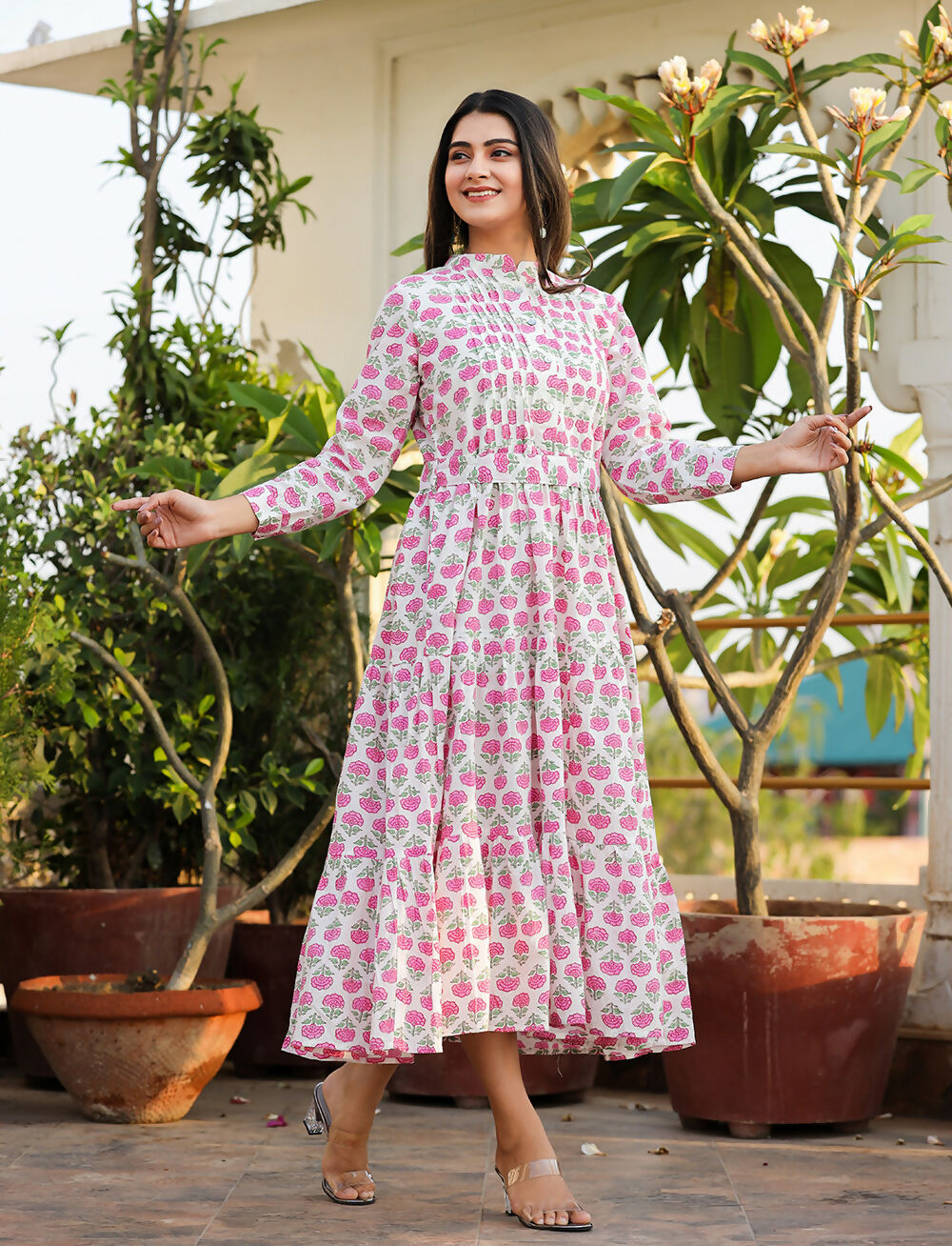 Kaajh Women's Pink Floral Print Cotton Handblock Dress - Distacart