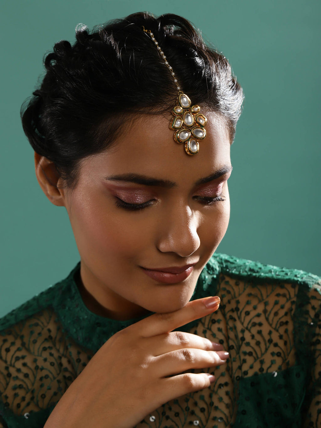 White Gold-Plated Kundan Studded Beaded Maang Tikka - Ruby Raang - Distacart