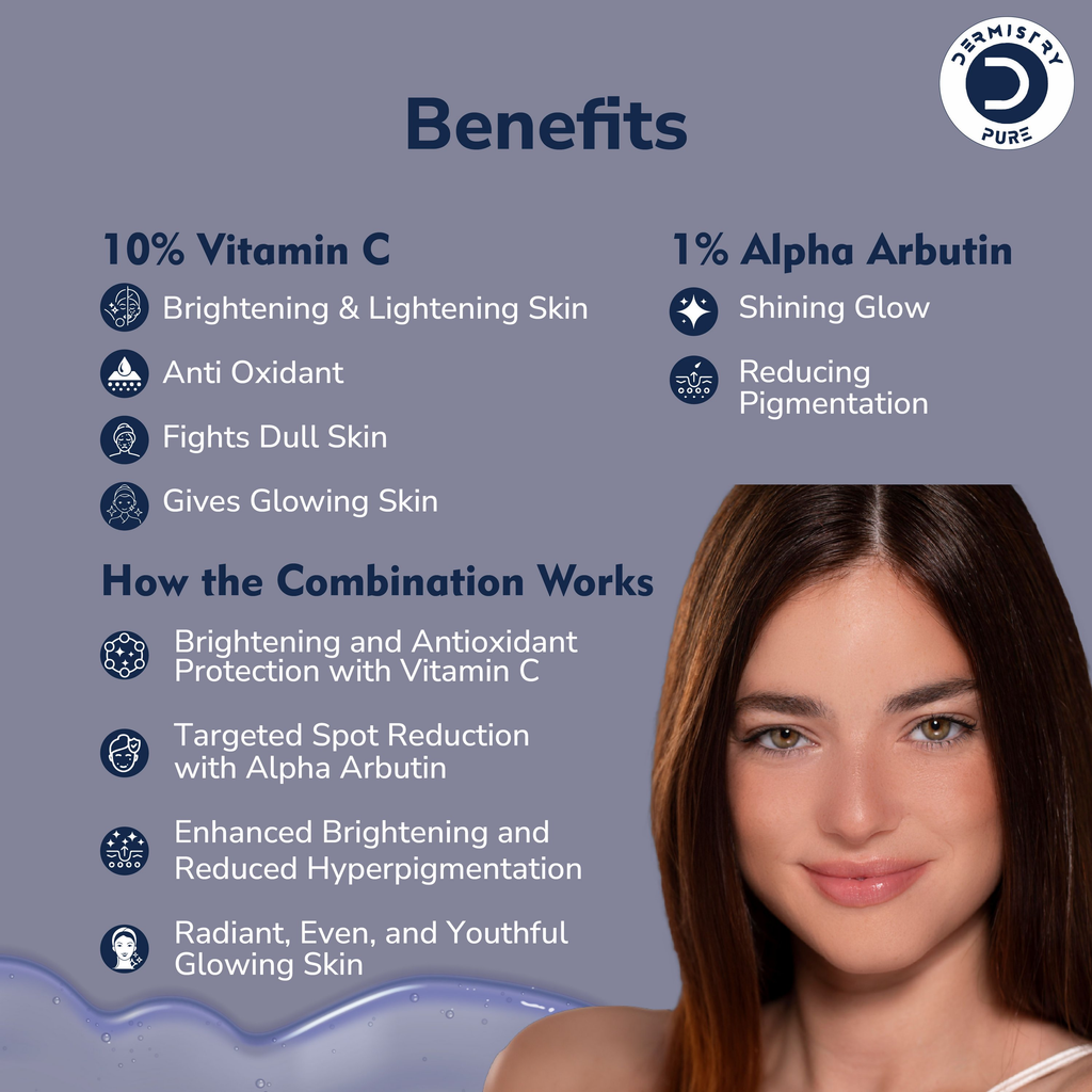 Dermistry 10% Vitamin C 1% Alpha Arbutin Dull Skin Brightening Lightening Fairness Glow Face Serum