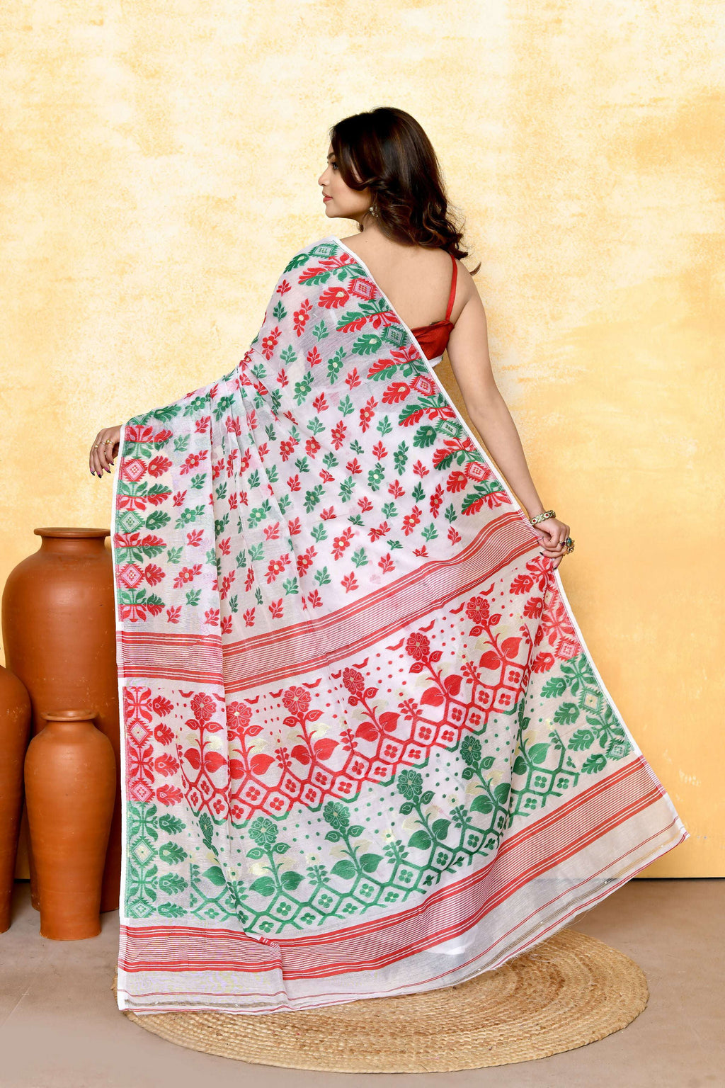 Piyari Fashion Women's White Embellished Cotton Blend Jamdani Saree - Distacart