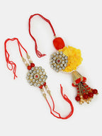 NVR Women & Men Set of 2 Red & Gold-Toned Stone-Studded & Beaded Bhaiya Bhabhi Rakhi With Roli Chawal - Distacart