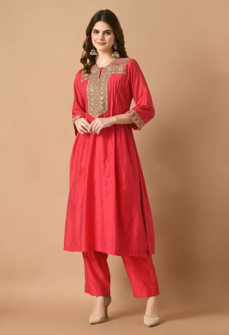 Joban Fashion Red Chanderi Kurta Set