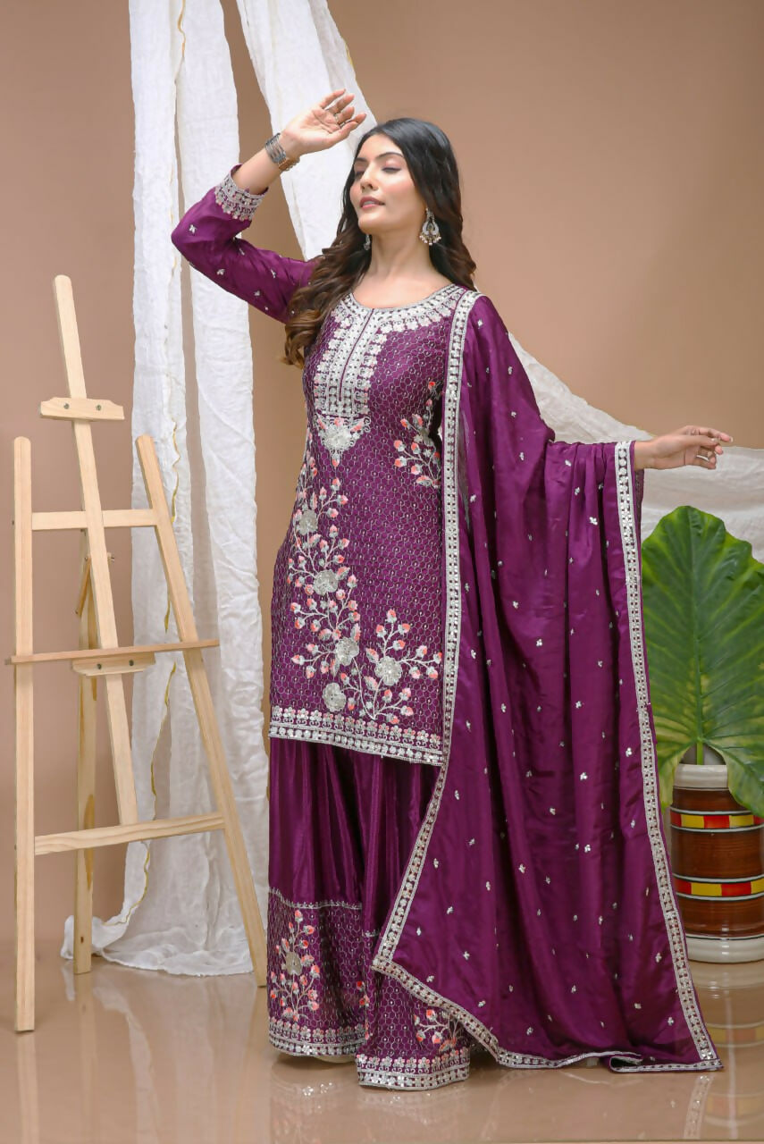 Teeya Creation Wine Color Chinon Silk Wedding Wear Trending Palazzo Set - Distacart