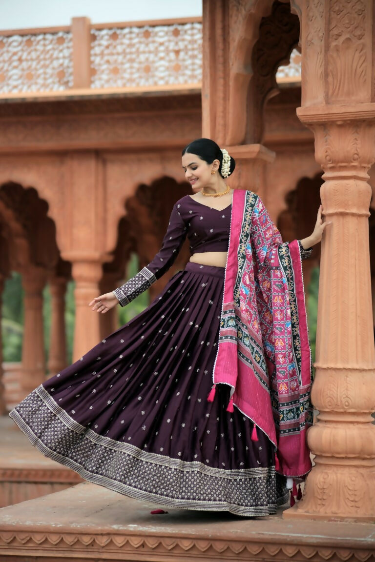 Vastranavya Navaratri Collection Myra Silk Lehenga & Blouse With Maslin Crochet Printed Dupatta Set - Wine