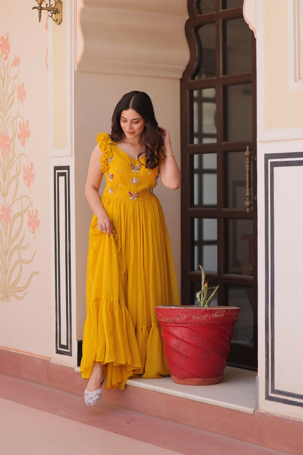 Joban Fashion Yellow Georgette Sequence Embroidery Work Gown - Distacart