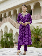 The52 Purple Women's Gorgeous Rayon Embroidered Straight Kurta with Pant And Dupatta Set - Distacart