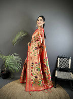 Joban Fashion Pink Floral & Potentially Peacock Soft Silk Paithani Saree - Distacart