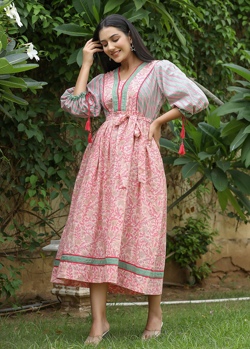 Kaajh Women's Pink Hand Block Printed Dress - Distacart
