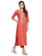 Ahalyaa Red Crepe Bandhani Gold Printed Kurta Pant With Dupatta