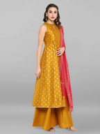 Janasya Women's Mustard Rayon Foil Print Kurti With Palazzo - Distacart