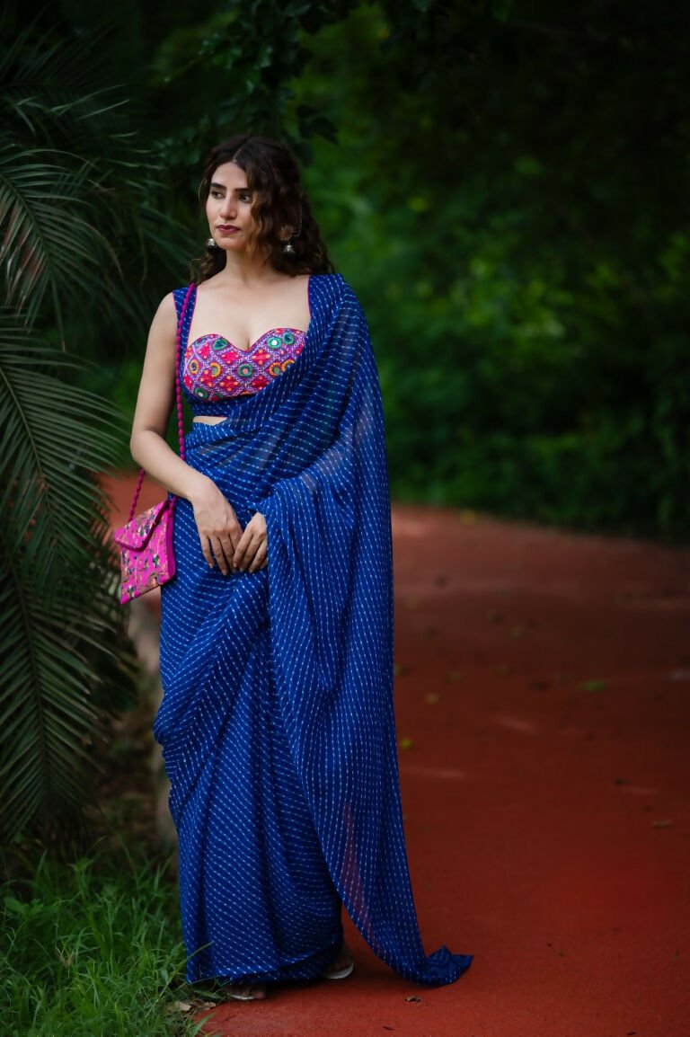 Amodini Designer Studio Women's Blue Chinon Lehriya Sleeveless Blouse