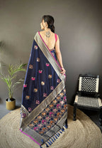 Joban Fashion Navy Blue Elephant & Floral Motifs Soft Lichi Silk Banarasi Saree - Distacart