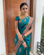 DEIANA'S Beautiful Designer Golden zari Soft Lichi Silk Saree - Blue