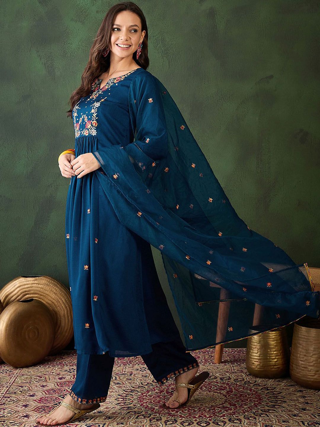 Sangria Floral Embroidered A-Line Kurta & Trousers With Dupatta