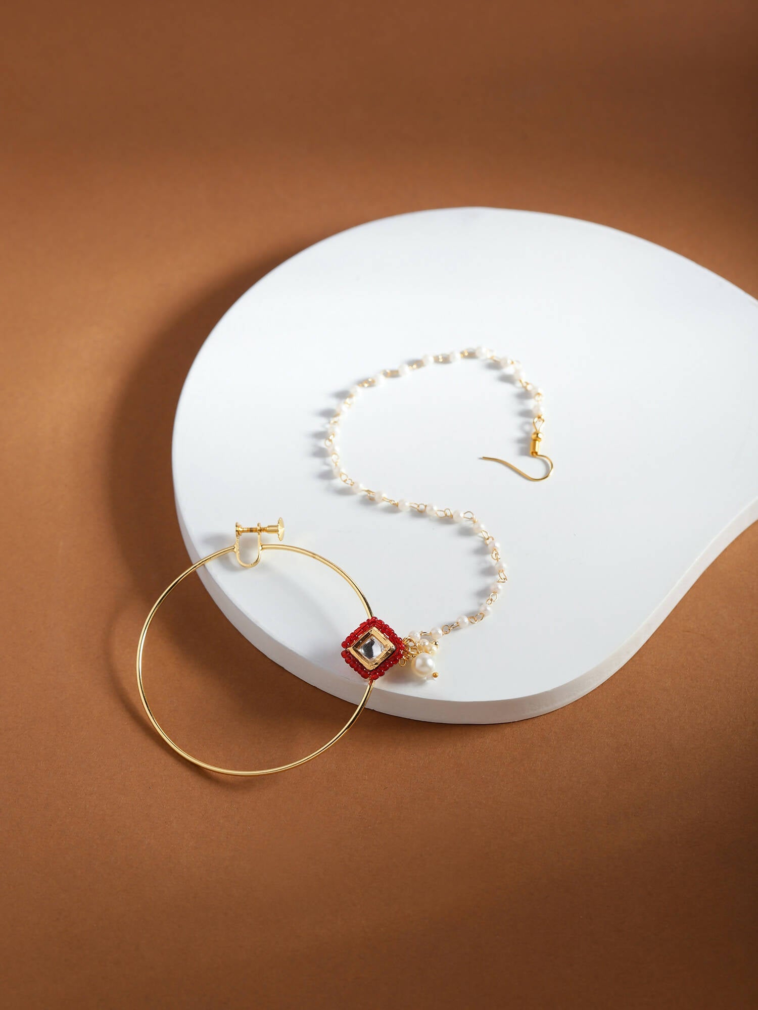 White Red Gold-Plated Kundan-Studded Beaded Nosepin - Ruby Raang - Distacart