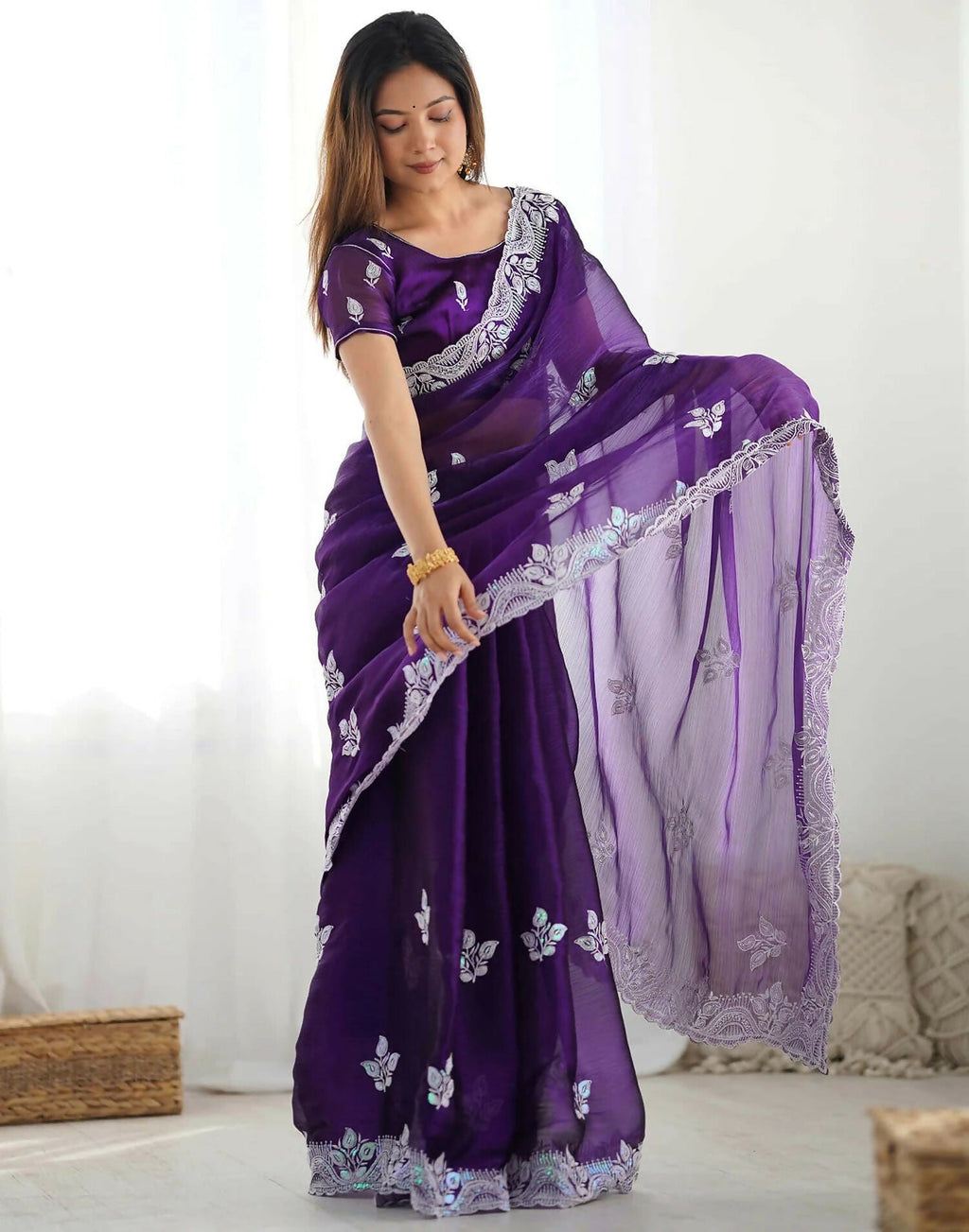 Joban Fashion Shimmer Chiffon Pastel Purple Color Sequence Saree - Distacart