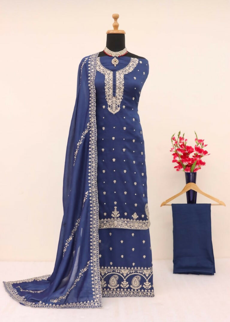 Vastranavya Glamorous Blue Chinon Palazzo Suit With Intricate Sequins Embroidery Work with Dupatta