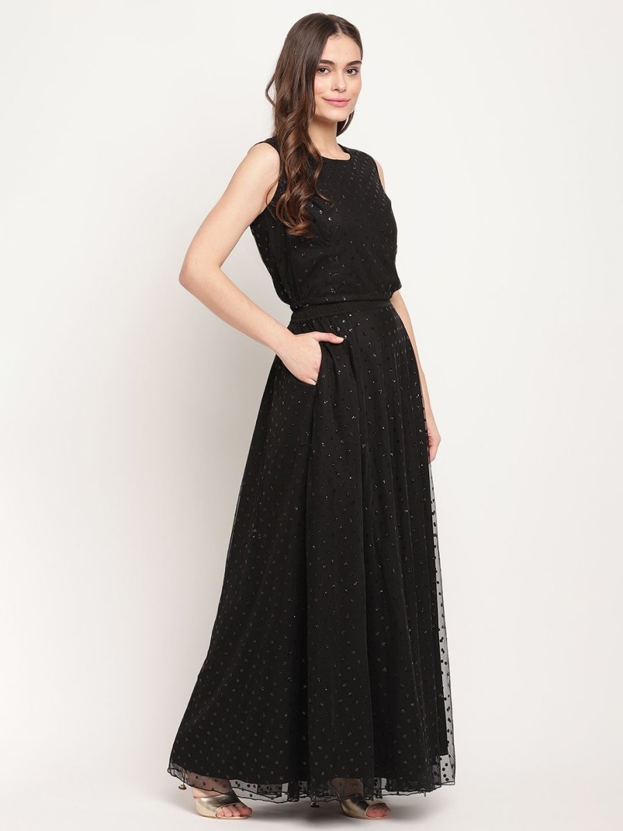 Ahalyaa Women's Black Net Glitter Print Top Skirt Set With Dupatta