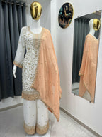 Teeya Creation White Color Faux Georgette Embroidery Work Long Party Wear Palazzo Suit - Distacart