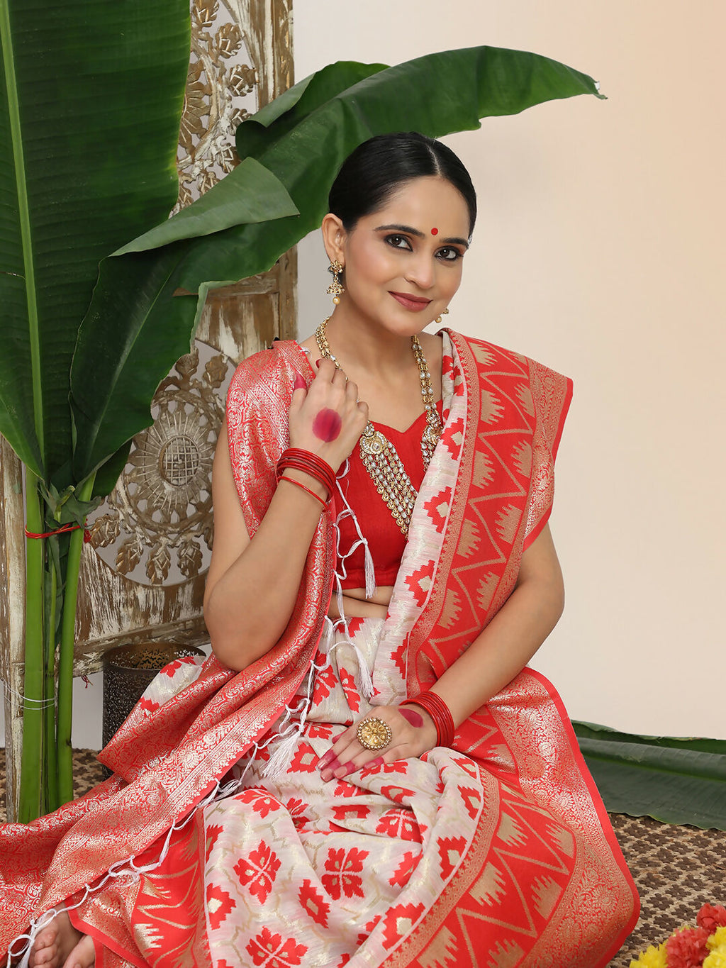 Shree Shyam Fashion Linen Cotton Red & White Saree - Distacart