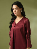 Myshka Women's Maroon Solid Satin V-Neck Party Tunic With Trousers Co-ord set