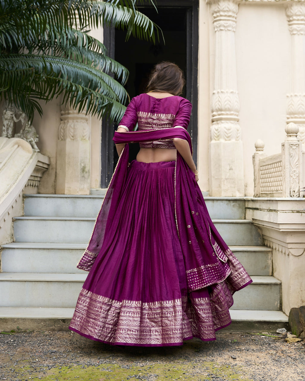 Lorenvalley Wine Pure Chanderi Plain With Zari Weaving Work Border Lehenga Choli
