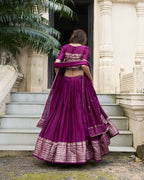 Lorenvalley Wine Pure Chanderi Plain With Zari Weaving Work Border Lehenga Choli