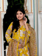 Miravan Women's Cotton Gotapatti And Lace Border Yellow Anarkali Kurta And Dupatta Set