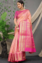 Jyoti Fashion Women's Peach Kanjivaram Silk Zari Woven Saree with Blouse