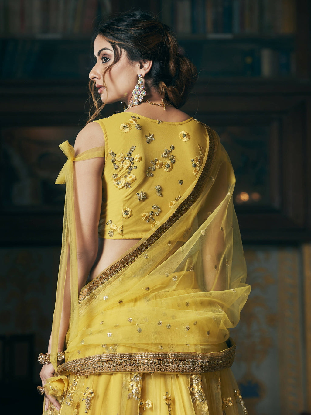 Wedding Designer Sequene Zari Resham Embroidery Yellow Net Lahengha Choli - Anbazaar - Distacart