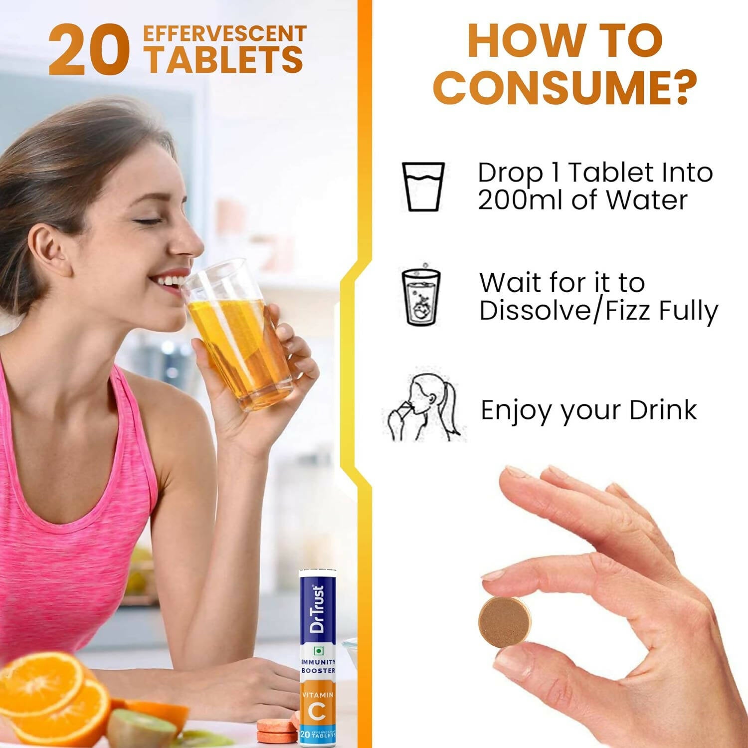Dr Trust Vitamin C Effervescent Tablets - Orange Flavor - Distacart