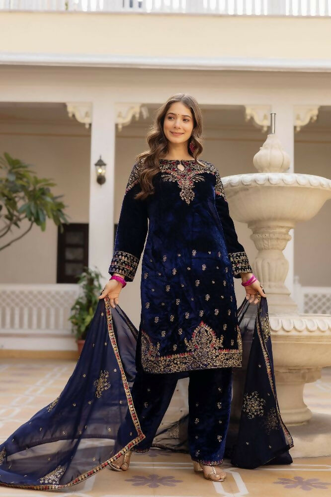 Teeya Creation Blue Color Pure Velvet Embroidery Work Wedding Wear Salwar Suit - Distacart