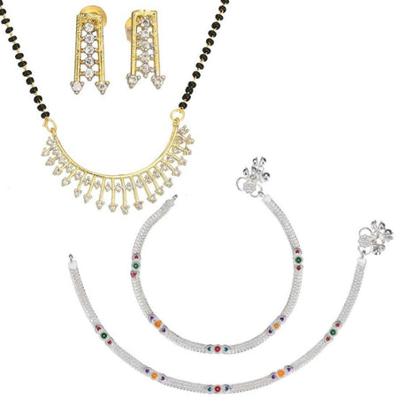 AanyaCentric Gold-Polished Mangalsutra Pendant Earring Set & Silver Plated Anklet