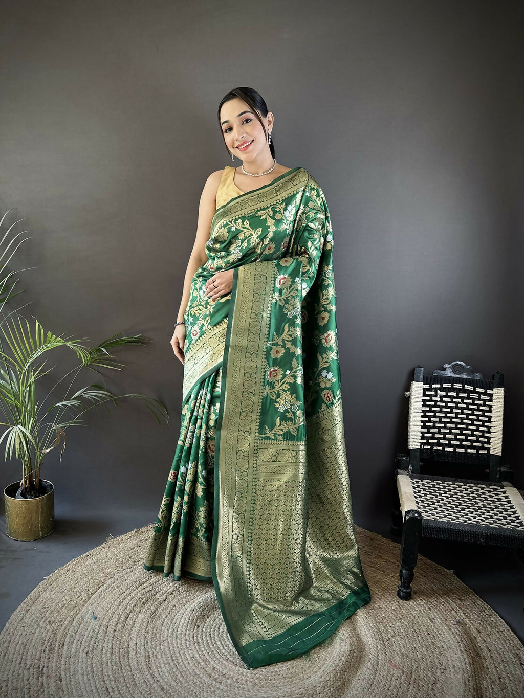 Joban Fashion Green Floral & Ethnic Motifs Design Soft Silk Meenakari Banarasi Saree - Distacart