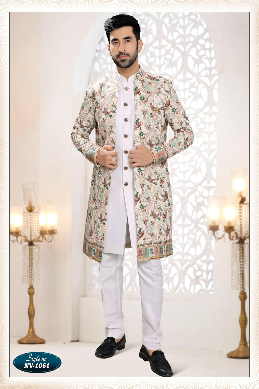Joban Fashion Men's White Straight Silk Thread And Sequence Embroidery All Over 3 Pc Kurta Set