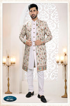 Joban Fashion Men's White Straight Silk Thread And Sequence Embroidery All Over 3 Pc Kurta Set