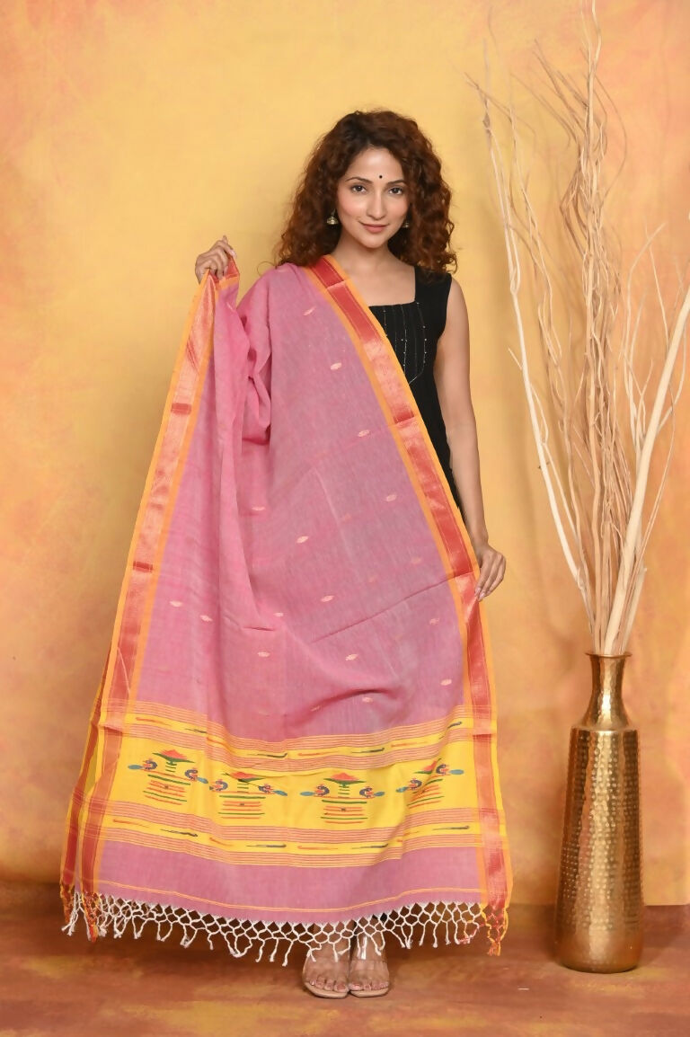 Very Much Indian Handloom Pure Cotton Paithani Dupatta Pink